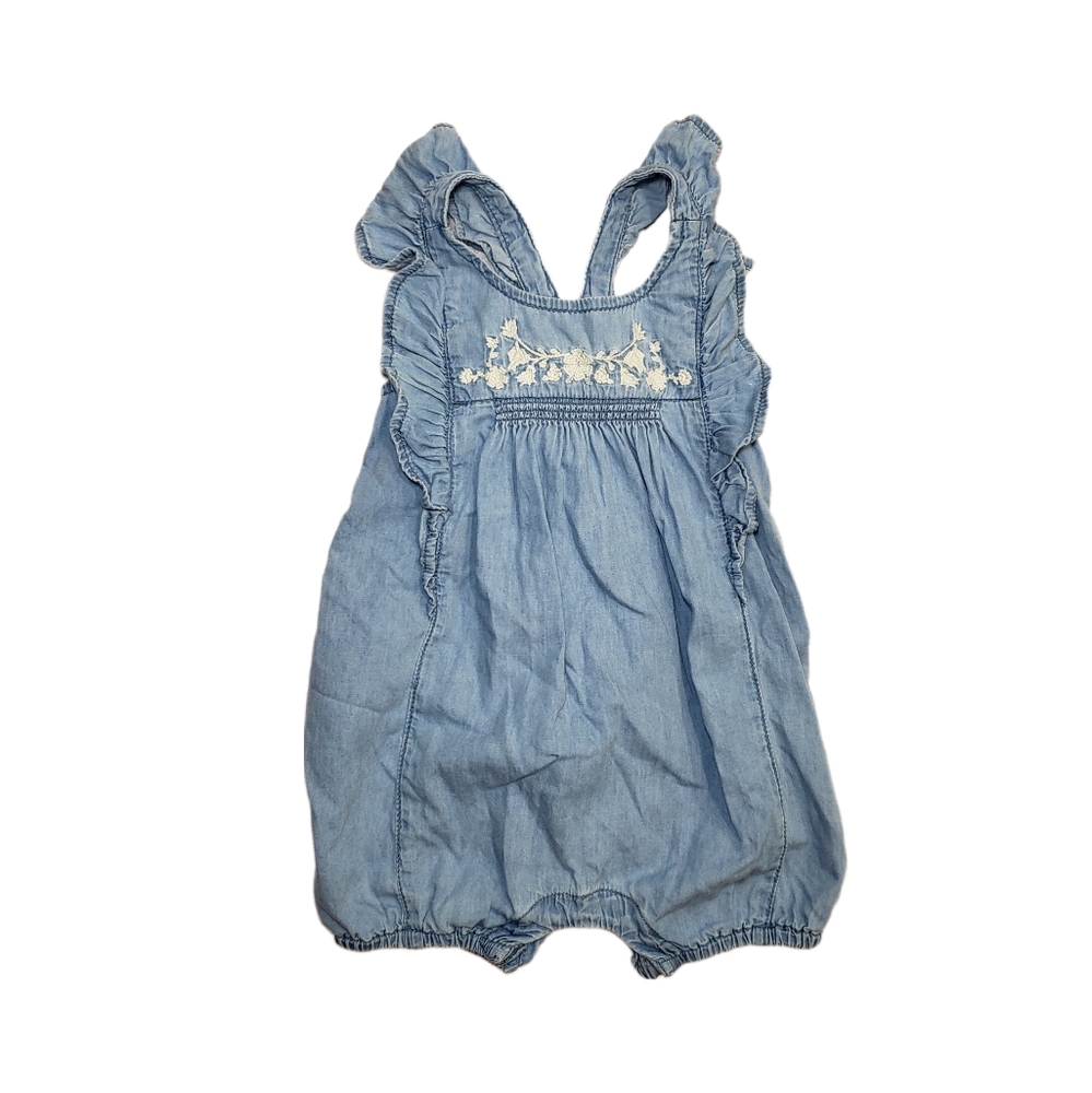 Baby Gap 3-6m Chambray Denim Embroidered Ruffle Sleeve Romper